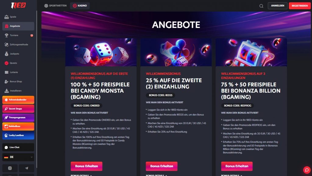 1Red Casino Bonusangebote und Promotionen mit Freispielen 