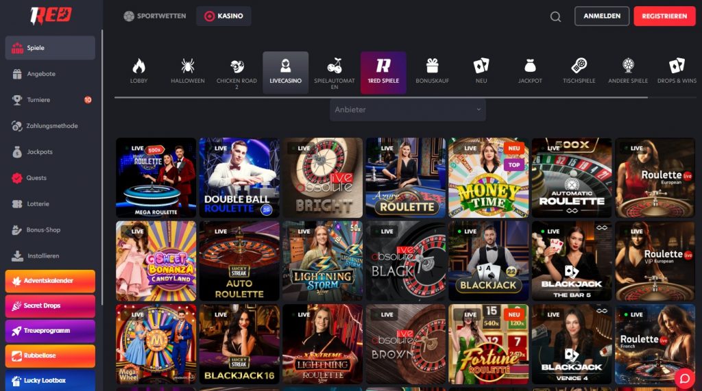 1Red Casino Live Casino mit Evolution Gaming Dealern und Roulette Tischen 