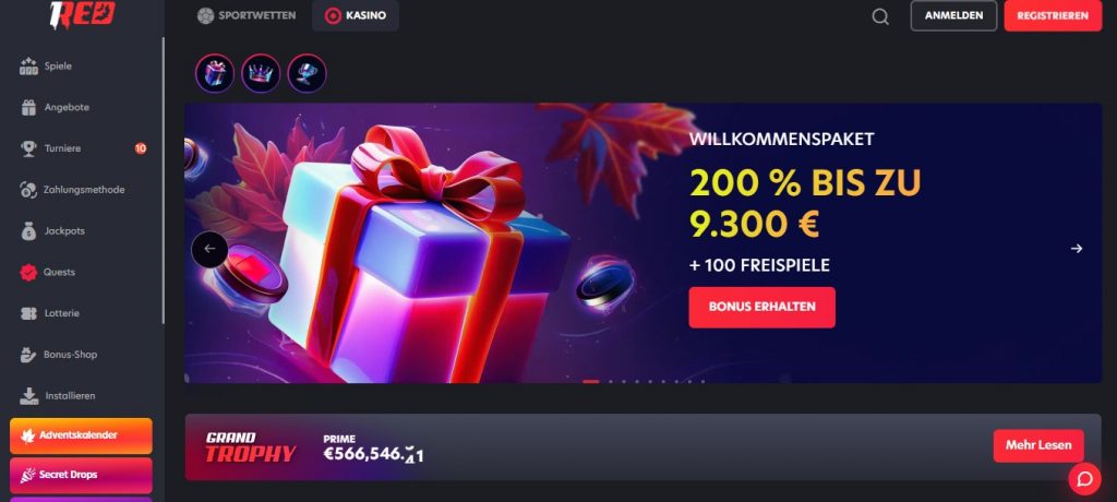 1Red Casino Hauptseite mit Spielauswahl und Willkommensbonus 
