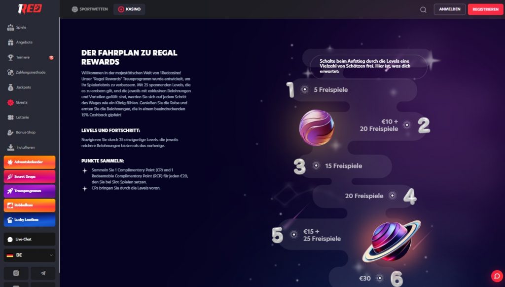 1Red Casino VIP Treueprogramm mit 25 Levels und Cashback Vorteilen 