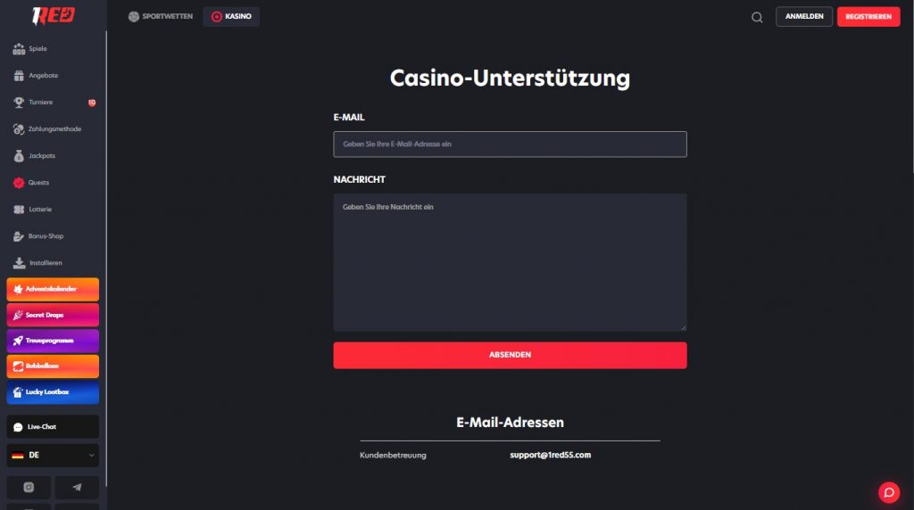 1Red Casino 24/7 Live-Chat Support und Kundenservice Interface 