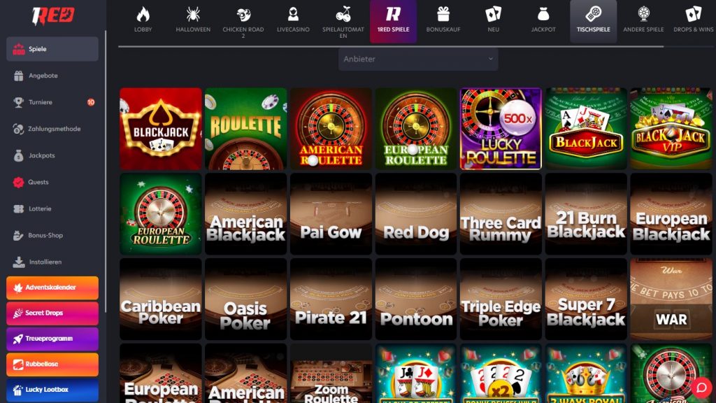 1Red Casino Tischspiele Auswahl mit Blackjack, Roulette und Baccarat 